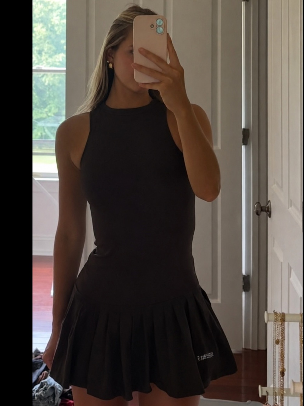 Brown Sleeveless High Neck Pleated Dress